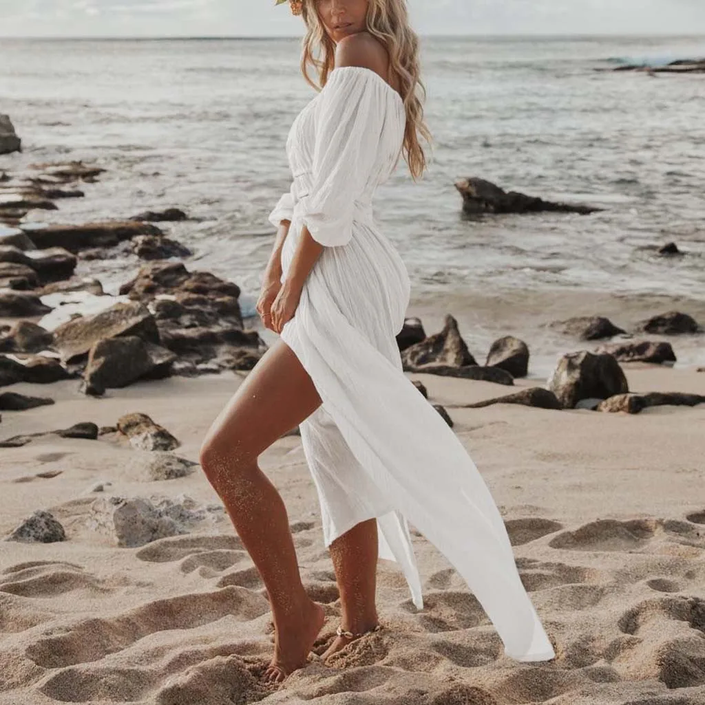 Женское пляжное платье с открытыми плечами однотонное длинное Пляжное Платье