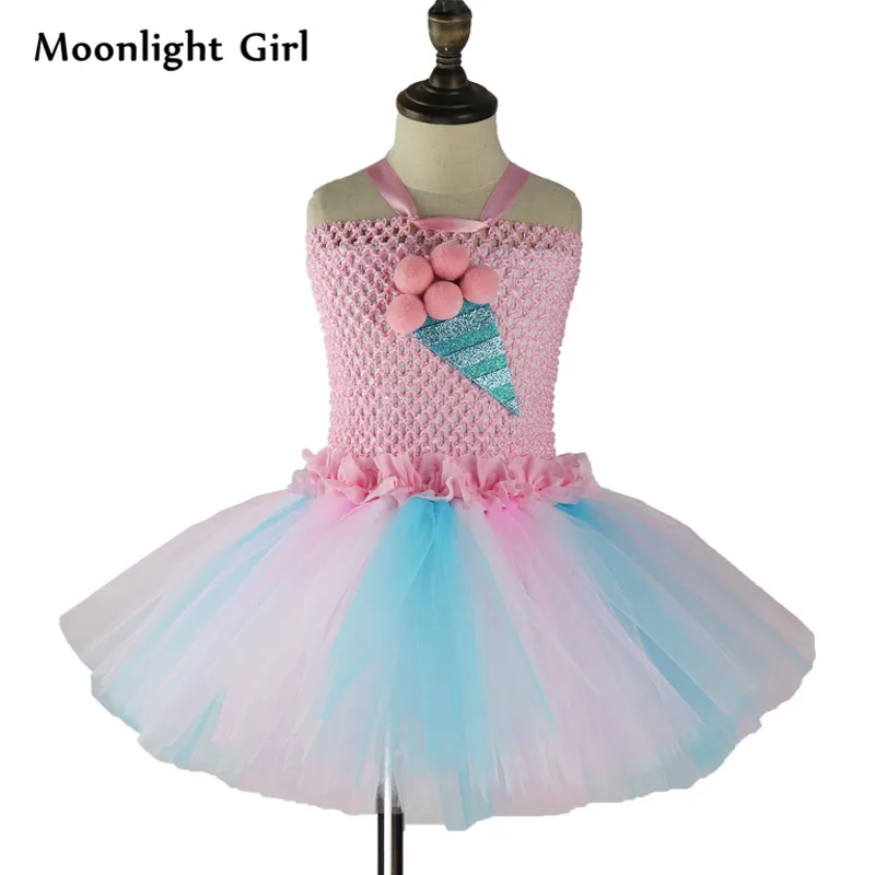 Детское платье-пачка яркого цвета с рюшами и рисунком мороженого; костюм; праздничные платья для дня рождения для маленьких девочек; платья принцессы для девочек; vestidos; PQ255
