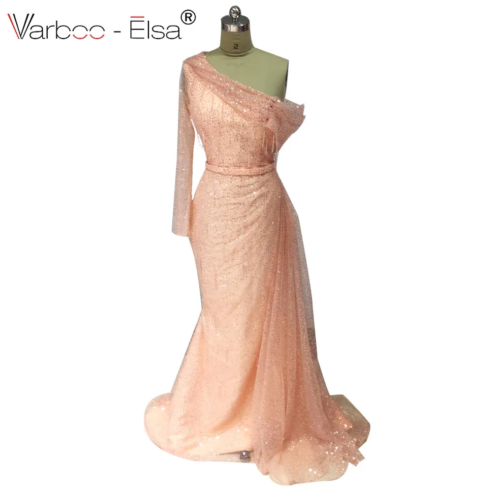 VARBOO_ELSA/Вечерние платья с кисточками, Украшенные бусинами, роскошное розовое вечернее платье с длинными рукавами и кристаллами русалки - Цвет: Розовый