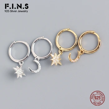 

F.I.N.S 2020 New Small Star Moon Earrings 100% 925 Sterling Silver CZ Zircon Octagon Crescent Pendant Hoop Earrings for Women