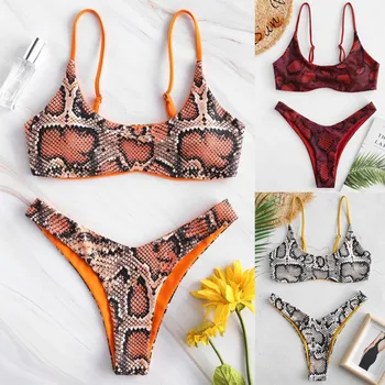

Fashion Women Snake Skin Printed Split Bathing Suit High Waisted Underwear Set Push Up Padded Female Intimates Sexy Lengerie
