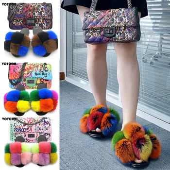 

Pom Pom Fur Slides Rainbow Jelly Bag Set Women Real Fox Fur Slippers Graffiti Handbag Fashion Furry Hairball Shoes wallet set