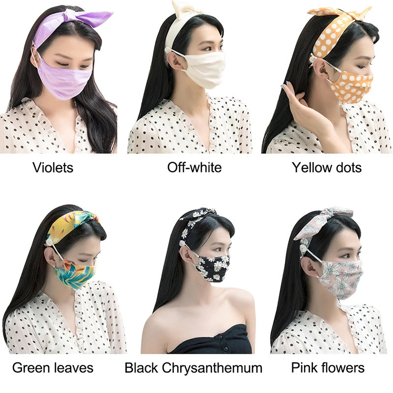 

2PCs Printed Bowknot Earmuff Headband With Button For Women Simple Fashion Outdoor Headwear 2021 Casual Scarf Hair Accessories