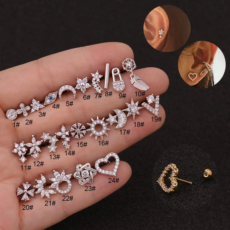 

1Pc Gold Silver Color Stainless Steel Ear Cartilage Helix Screw Back Earring Stud Cz Tragus Rook Conch Piercing Jewelry