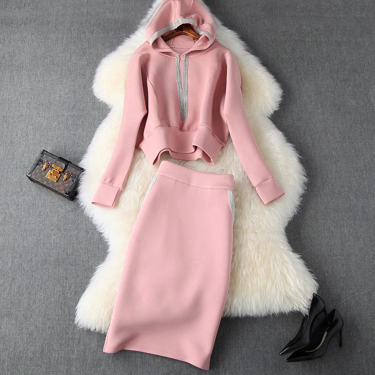 Женские зимние толстовки с капюшоном для девочек, розовая толстовка+ сексуальная юбка-карандаш, костюм с кисточками, новинка, брендовый дизайнерский повседневный комплект из двух предметов - Цвет: Розовый