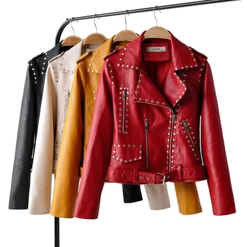 

2019 women short coat Faux leather jackets soft high quality female casual clothes Red yellow black Rivet XL drop ship belt