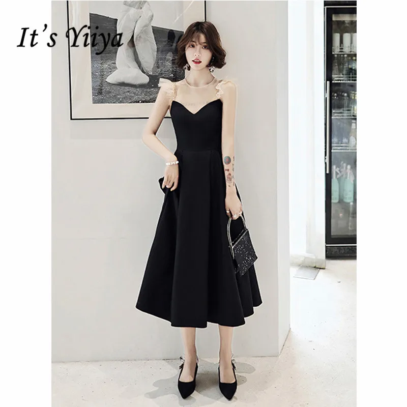 

It's Yiiya Prom Dress 2019 Sleeveless O-Neck Black Elegant A-Line Tea-Length Dresses Plus Size Party Long Formal Dresses E1300