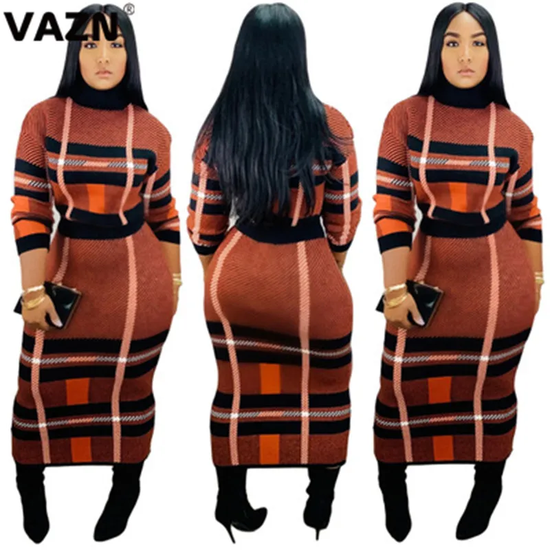 VAZN SY8399 Новые Вязаные винтажные наряды Неопрятные сексуальные модные макси-юбки с длинным рукавом для зрелых женщин с высокой талией комплект из 2 предметов
