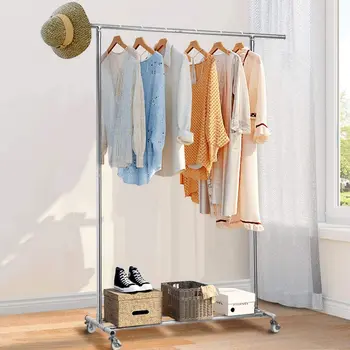 

Drying Rack Pole Style Adjustable Rolling Clothes Hanger Coat Rack Floor Hanger Storage Clothing Drying Racks With Shoe Rack