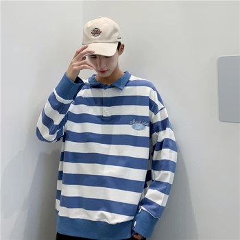 

UYUK Autumn Loose Casual Trend Striped Lapel College Wind Knitted Multi-color Large Size Men's Hoodies Streetwear Harajuku