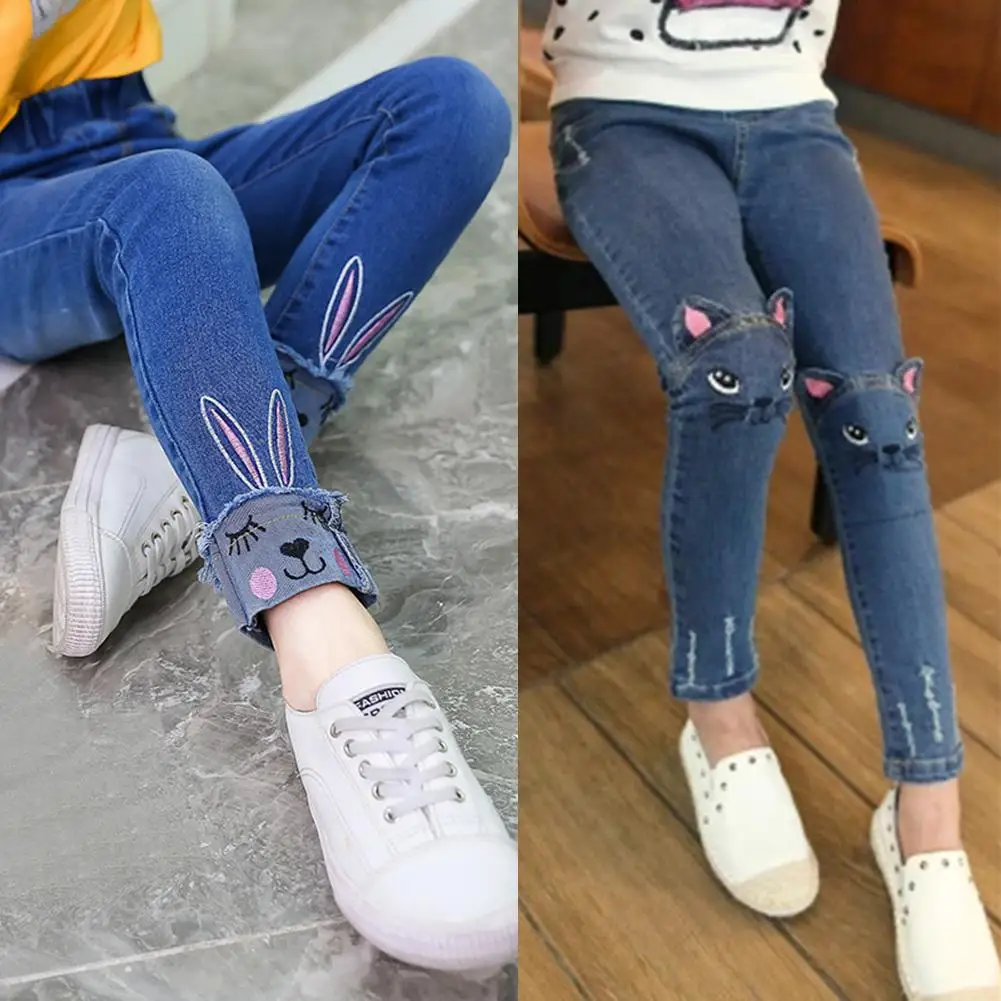 Kidlove/Модные осенние джинсы для девочек длинные штаны с вышивкой котенка и милым