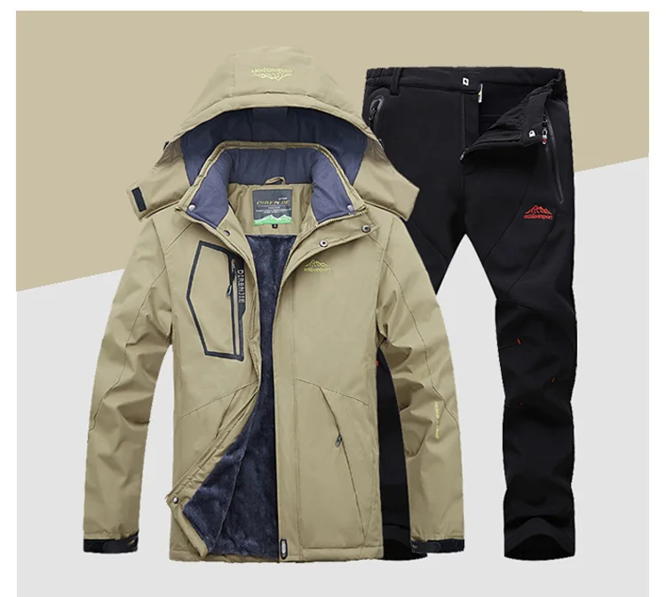 TRVLWEGO открытый лыжный костюм мужской ветрозащитный водонепроницаемый термальный сноуборд снег лыжный куртка и брюки наборы зимняя спортивная одежда - Цвет: khaki black