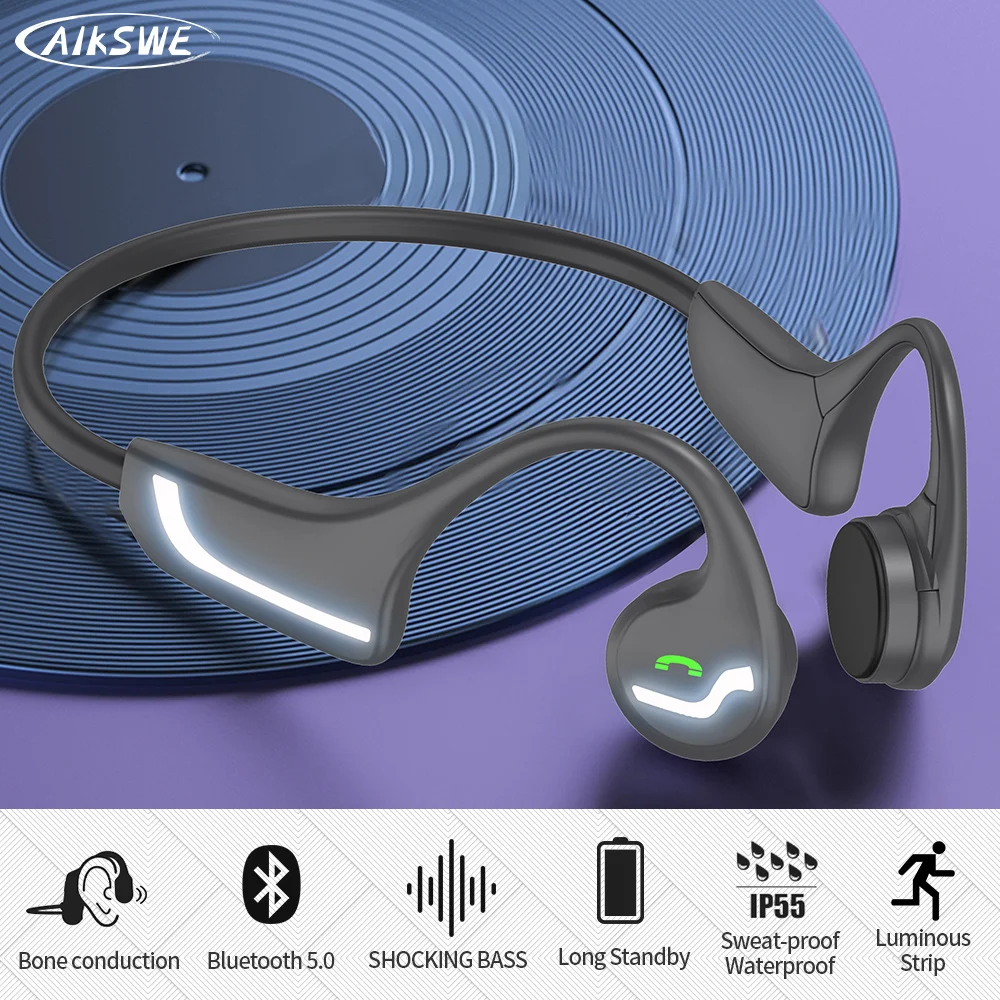 AIKSWE Bone Conduction Headphones Bluetooth Wireless Luminous Light Sports Earphones Stereo Hands-Free With Mic For Running