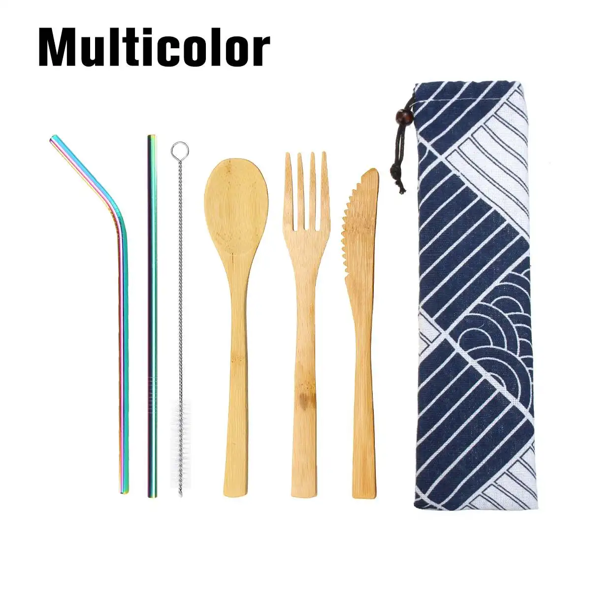 Multicolor Деревянный набор столовых приборов, бамбуковые столовые приборы, соломенная посуда, набор с тканевой сумкой, многоразовые ножи, вилка, ложка, набор для путешествий - Цвет: Multicolor