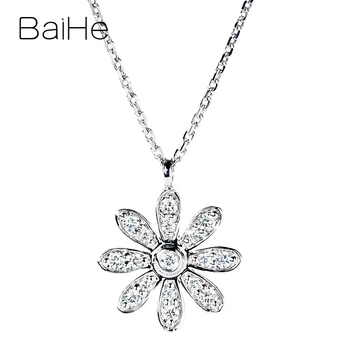 شراءBAIHE الصلبة 18K الذهب الأبيض 0.20ct جولة الماس الطبيعي المشاركة غرامة مجوهرات هدية جميلة زهرة قلادة الماس القلائد