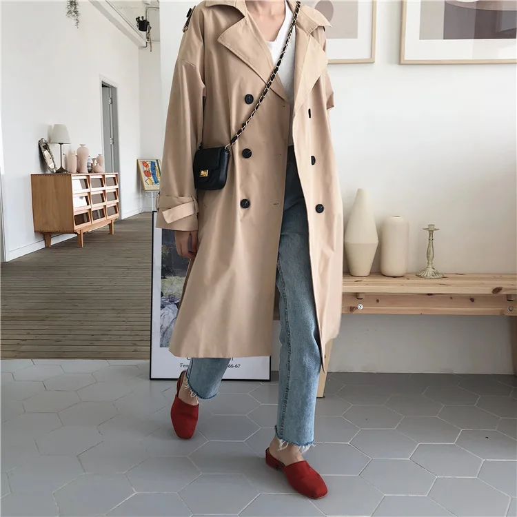 3087# осенняя одежда, корейский стиль, свободный крой, отложной воротник, двубортный Тренч, женское винтажное элегантное пальто средней длины Ov