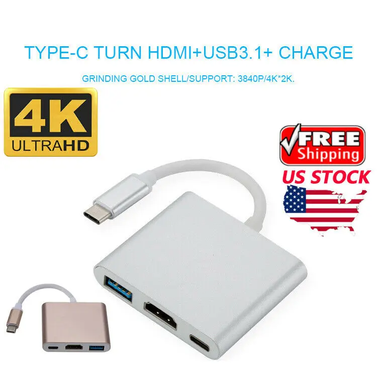 

USB 3.0 to 4K HDMI 3.1 Type C Adapter 3 in 1 Charging Port Hub For Apple Macbook