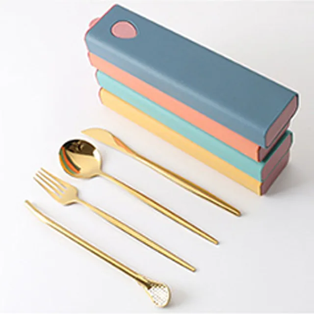 3PCs/4PCs Glossy Stainless Steel Tableware Spoon Fork Knife Straw Reusable Travel Cutlery Set Camp Utensils Set Portable Case A-Gold