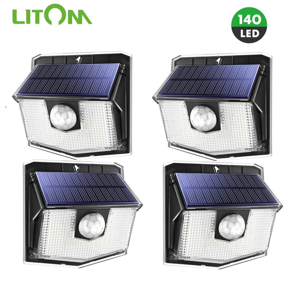 

4pcs LITOM 140 LED Solar Lights IPX7 Waterproof Outdoor Solar Lights with 3 Lighting Modes Wide Angle Super Bright Garden Lamps
