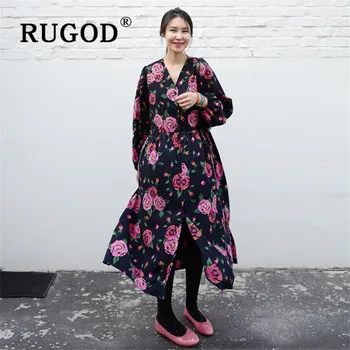 

RUGOD new elegant rose print belted dress women korean temperament v neck lantern sleeve spring dress casual loose dress vestido
