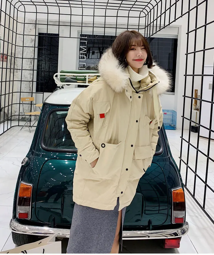 Winter new collection women down jacket thick loose long big scorpion fur collar thick tooling style down jackets woman hooded