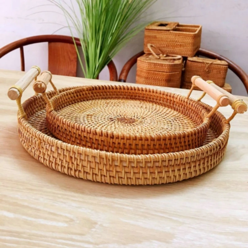 Rattan Bread Basket Round Hand-Woven Tea Tray With Handles For Serving Dinner