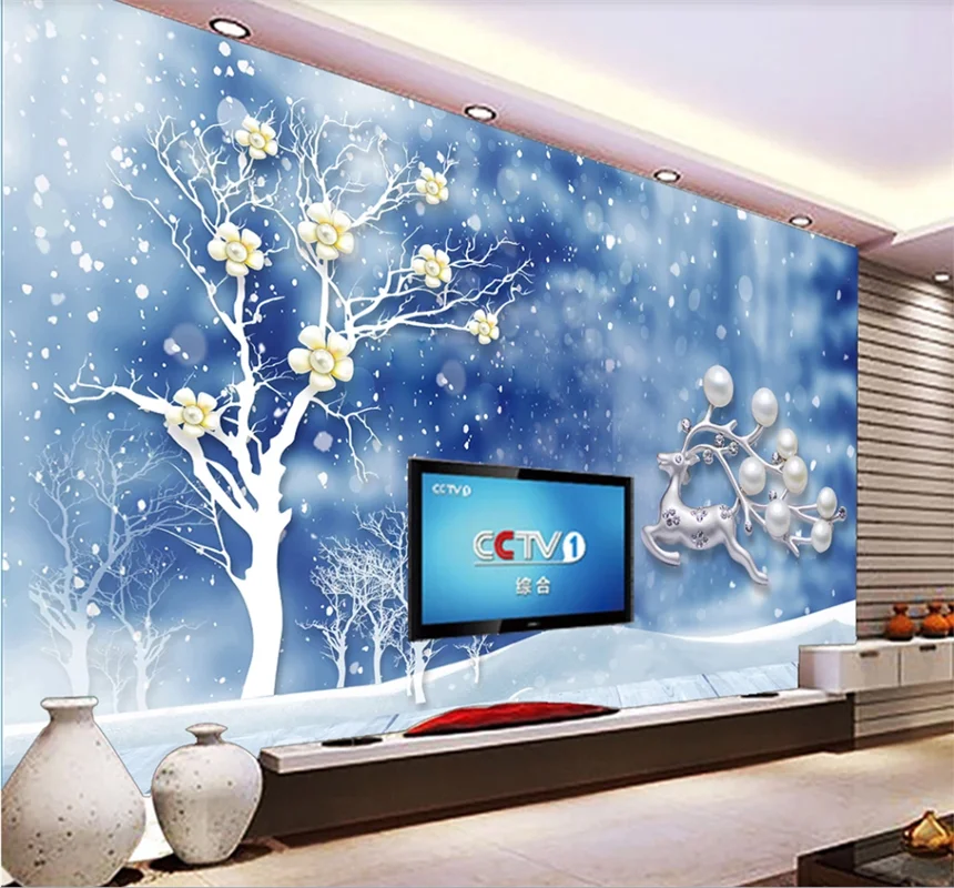 

3D beautiful Mediterranean style plum tree pearl elk mural custom wallpaper 8D waterproof wall covering
