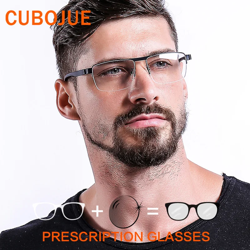 

Cubojue Mens Prescription Glasses Progressive Photochromic Multifocal Semi Rimless Anti Blue Light Anti Scratch Resin Lens UV400