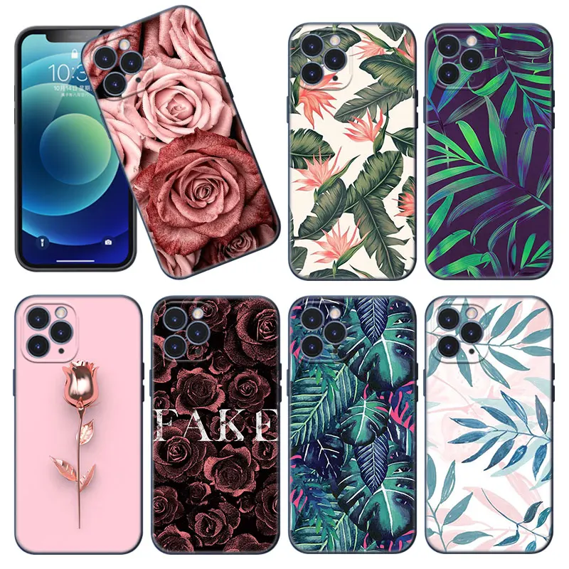 Leaves Leaf Rose Flower Case Per Apple Iphone 12 13 Mini 11 Pro Max Xr X Xs Max 8 7 6S 6 Plus Se 5S 5 2020 Soft Black Cover
