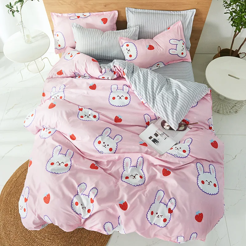 

Pink gray AB side different color design 4pcs bedding set plus size bedclothes cartoon rabbit home textile sweet girl bedlinen