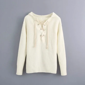 

Women V-neck Lace Up Knitting Hooded Sweater Casual Femme Long sleeve Pullover Fashion Lady Loose Tops SW837