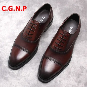 

C.G.N.P Goodyear British Style Handmade Genuine Leather Shoes Men Dress Shoes Business Formal Shoes Three Joint Retro Mens Shoes