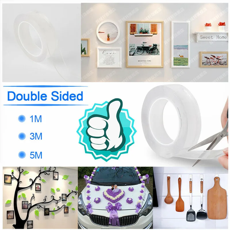 

1/2/3/5m Reusable Double-Sided Adhesive Nano Traceless Tape Removable Sticker Washable Adhesive Loop Disks Tie Glue Gadget