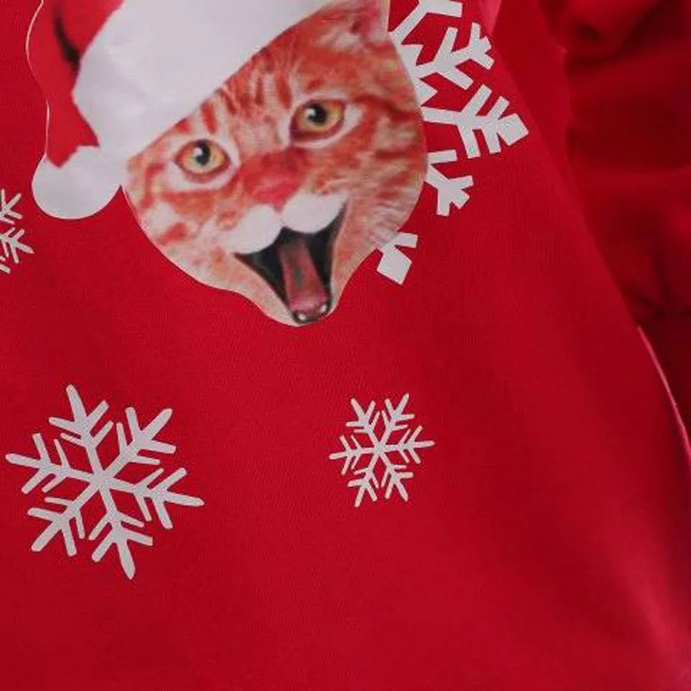Fashion tshirt Women Casual Long Sleeve Christmas Cat Snowflake Print O-Neck Top t-shirt super quality clothes