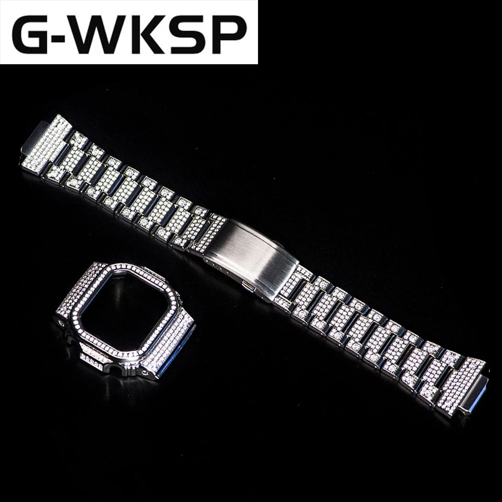 DW5600 5610 бриллиантовый ремешок для часов набор часов ободок нержавеющая сталь уникальные аксессуары для часов - Цвет ремешка: diamond silver set 2