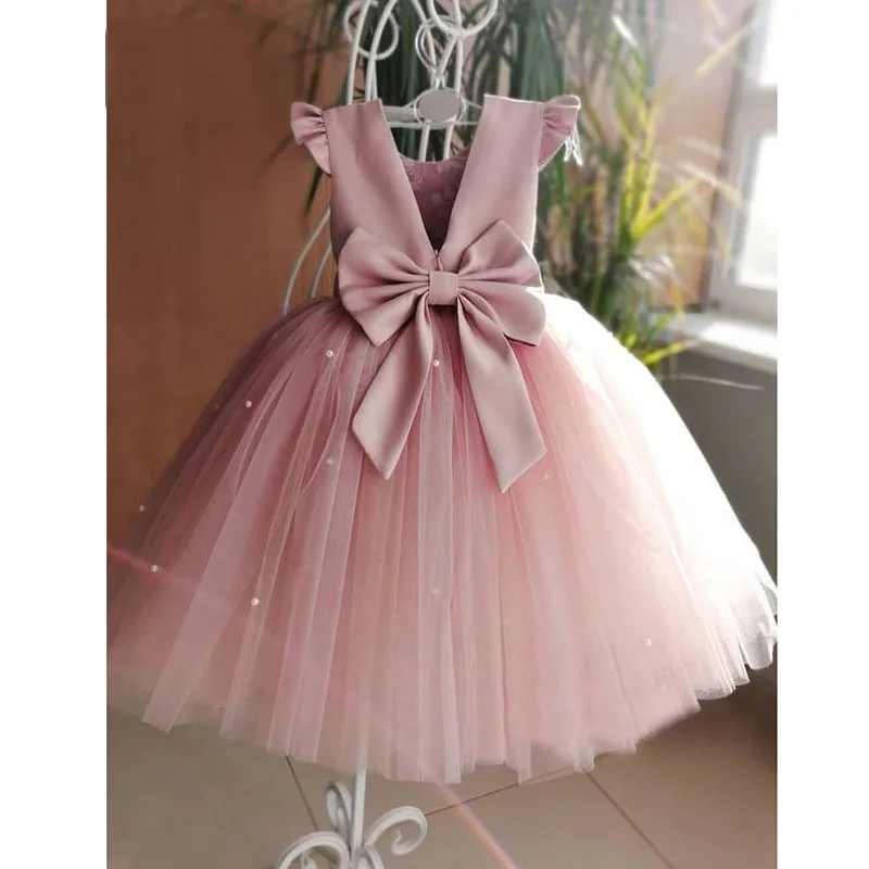 Get This Dresses Ball-Gown Peach Wedding-Beading Tulle Flower-Girls Backless Birthday-Party Pink pBQKMGVGNZ3