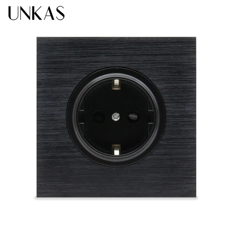 

UNKAS Luxurious Black Aluminum Panel 16A EU Standard Wall Power Socket Outlet Grounded With Child Protective Lock