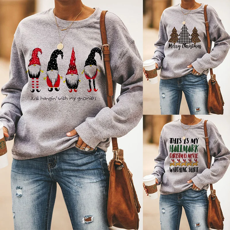 

Christmas Pattern Long sleeve Crewneck Sweatshirt Fashion Hip-Hop hoodies women Casual Loose Plus velvet Festive clothing Tops