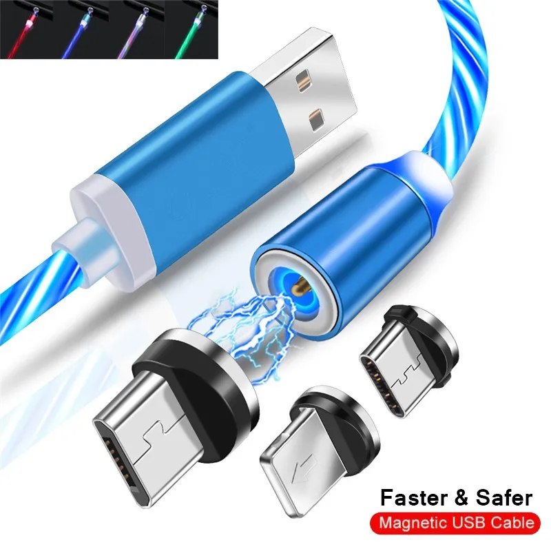 Круглый светодиодный магнитный кабель для быстрой зарядки на 360 ° IOS type-C Micro USB