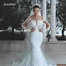 

RANMO 2021 Sparkly Lace Wedding Dress Mermaid Illusion Bodice vestido de noiva Long Sleeve Sheer Neck Appliques Bridal Gowns