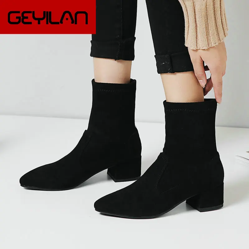 

Stretch Flock Ankle Boots Women Fashion Winter Booties Thick Low Heels Boots Slip On Casual Shoes Ladies Big Size 34-43