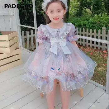 

Girls Dress Puff Sleeve Lace Patchwork Printing Mesh Princess Dress Girl Short Sleeve Print Girls Dresses For Party And Wedding