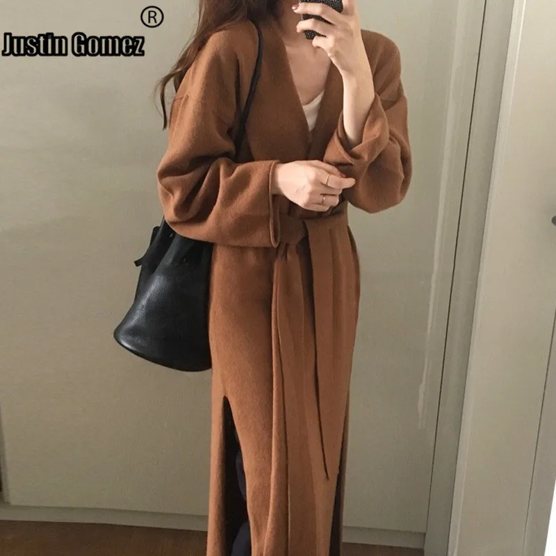 

Warm Supernatural Cardigan Sweater With Belt Oversized Fashion Women Autumn Coat Temperament Bat Sleeve Simple V Neck Pull Femme