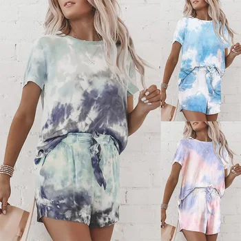 

Women's Two-Piece Outfits Summer Printed Tie-Dye Pajamas Short Sleeve Gradient Drawstring Homewear Set