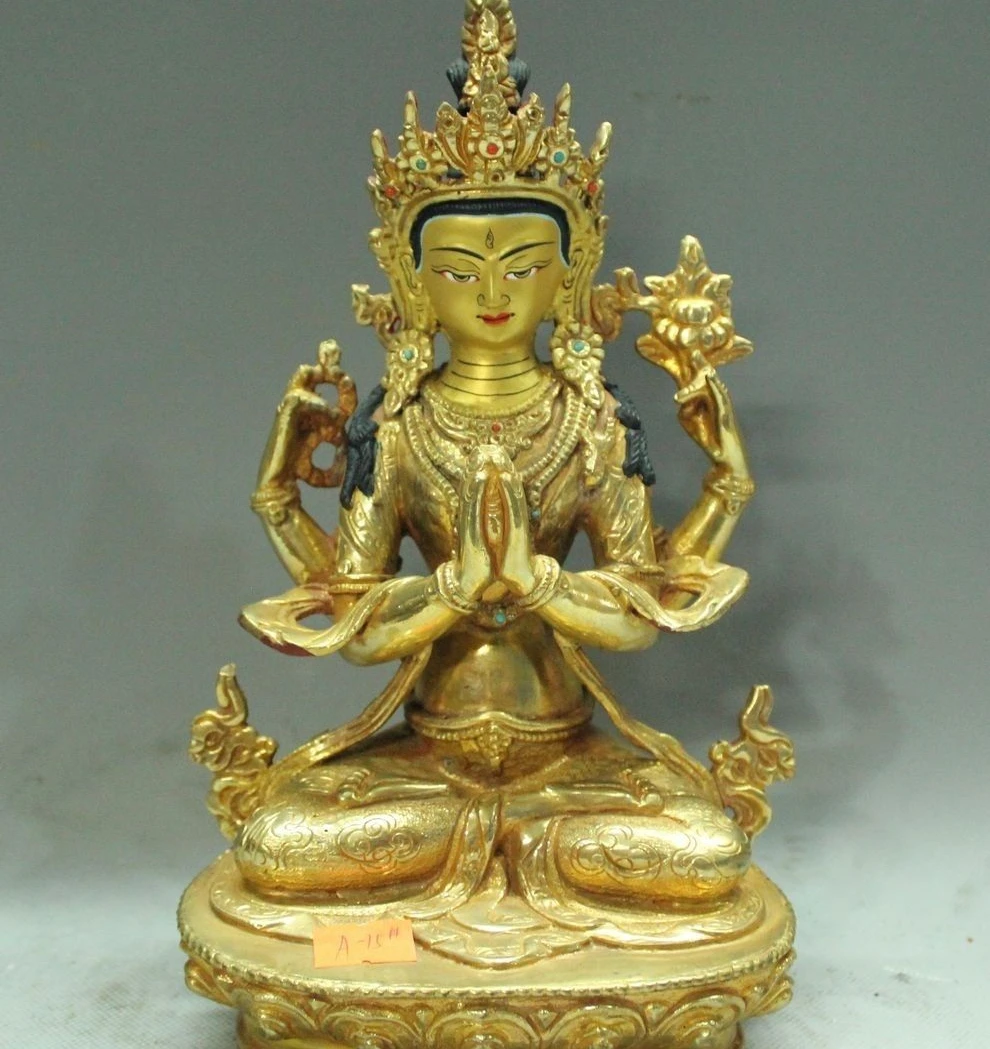 

Тибетская китайская бронза, 9 дюймов, 24K, Φ, 4 ARM, 55 см