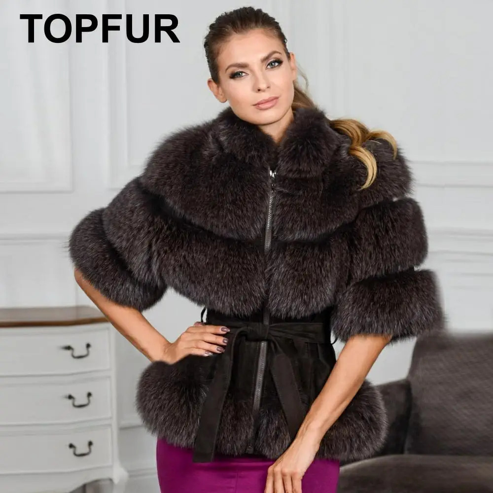 Женское пальто с поясом TOPFUR зимнее приталенное натуральным синим лисьим мехом