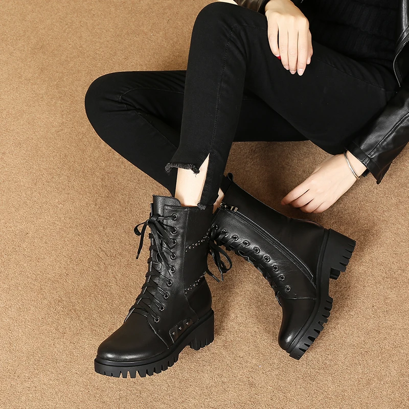 European American round dot women's boots Genuine leather middle heel 5cm round head Martin boots comfortable women's winter