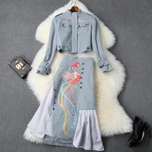 Женское зимнее шерстяное пальто, куртка с вышивкой, верхняя одежда на молнии спереди+ Асимметричная юбка, дизайнерский брендовый костюм из двух предметов, синий цвет