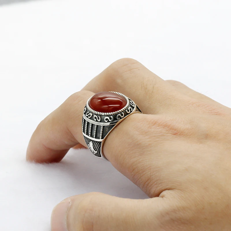 925 пробы Серебряное мужское кольцо с натуральным камнем, большое кольцо с красным ониксом, винтажный резной дизайн для мужчин и женщин, турецкое ювелирное изделие ручной работы