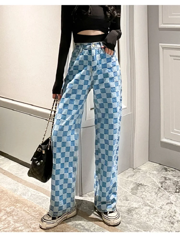 Chic Harajuku BF High Waist Pocket Wide Leg Plaid Denim Jeans